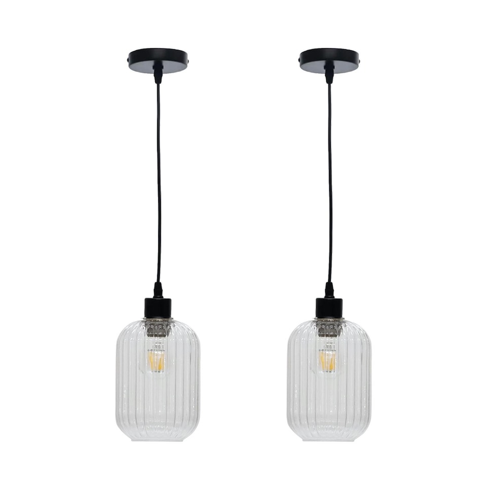 image 1 of Set of 2 Batley - Clear Ribbed Glass with Black Pendant Fittings | Clear | Clear | 2