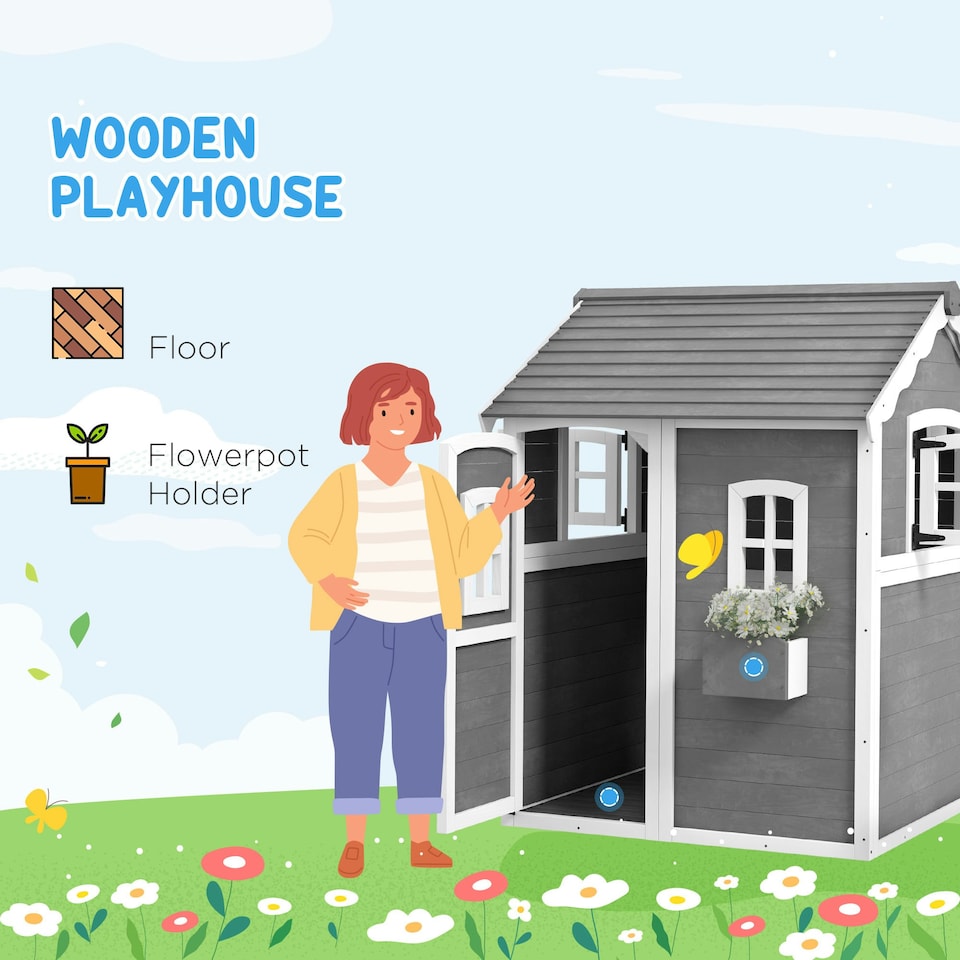 image 1 of Outsunny Wooden Wendy House for Kids with Floor, for Gardens, Patios - Grey