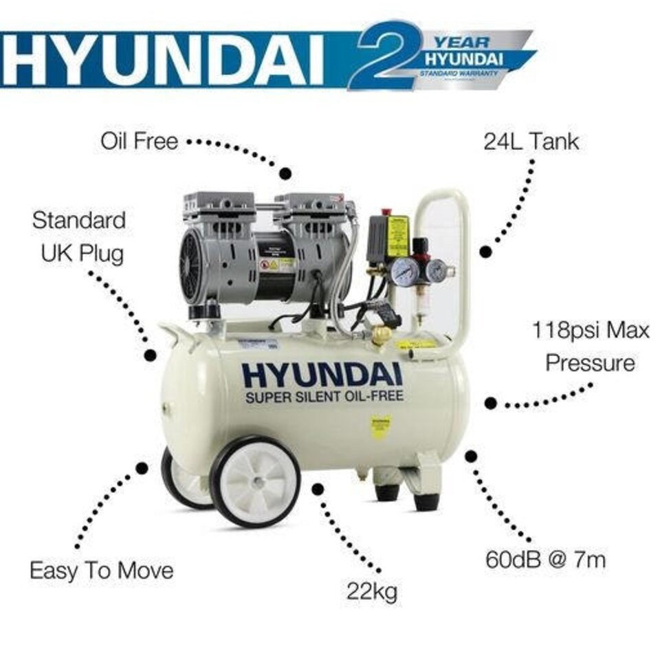 image 1 of Hyundai 24 Litre Air Compressor, 5.2CFM/100psi, Silenced, Oil Free, Direct Drive 1hp