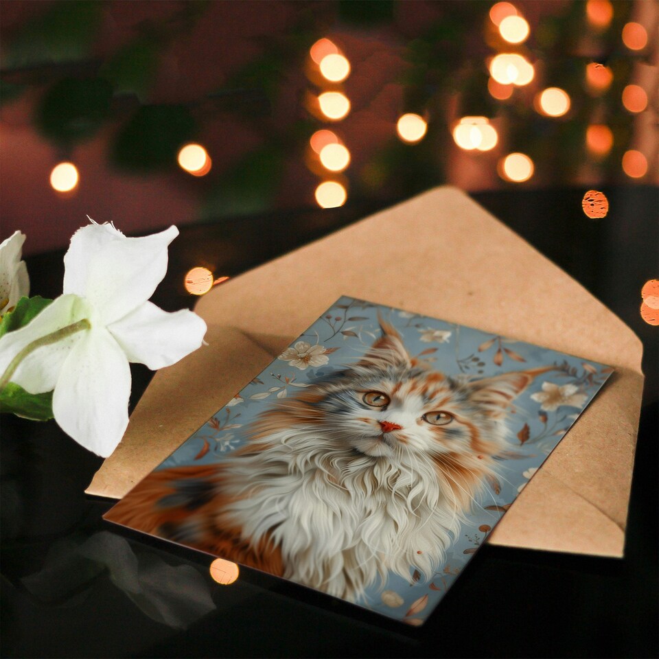 image 1 of Fluffy Maine Coon cat Lover Retro Floral Pattern Her Birthday Card