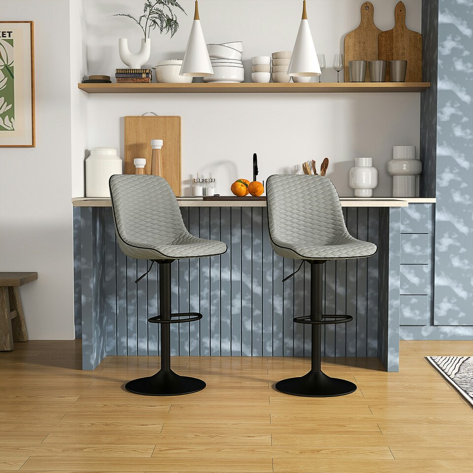 image 1 of HOMCOM Set of 2 Bar Stools, Adjustable Swivel Breakfast Barstools, Grey 