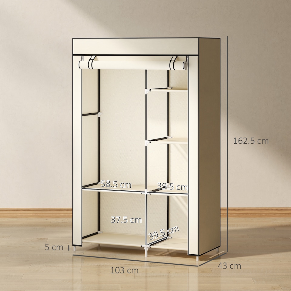 image 1 of HOMCOM Fabric Wardrobe w/ Shelves Hanging Rail Foldable Wardrobe Cream
