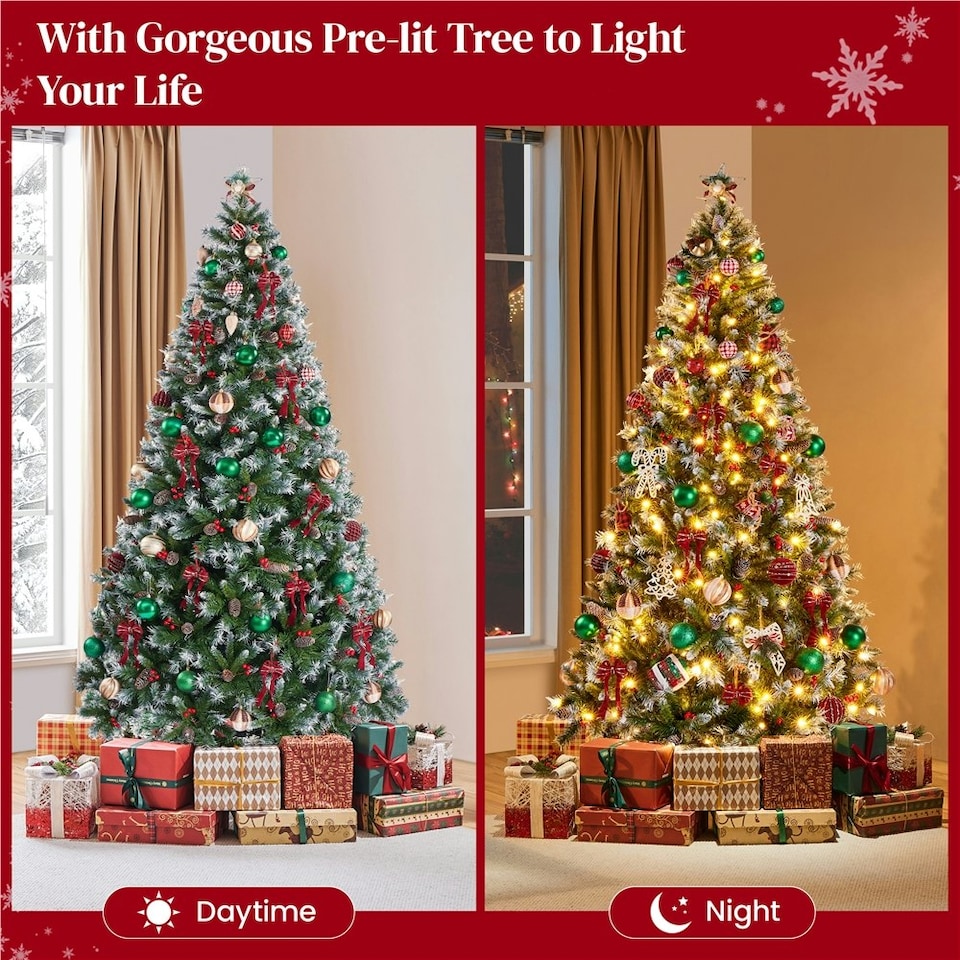 image 1 of Yaheetech 213 cm Pre-lit Frosted Artificial Christmas Tree Green
