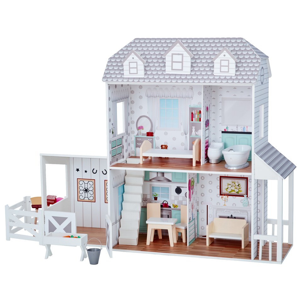 image 1 of Teamson Kids 2-Story Wooden Dollhouse with Stable, Grey, Farmhouse