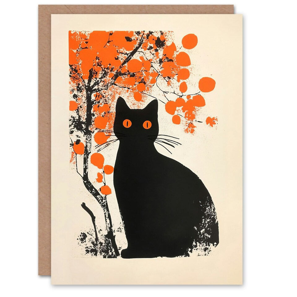 image 1 of Cat Lover Black Pet Under Autumn Orange Tree Halloween Greeting Card