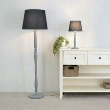ValueLights Victoria Grey Wood Traditional Stem Floor Lamp with Black Fabric Tapered Shade and LED Bulb