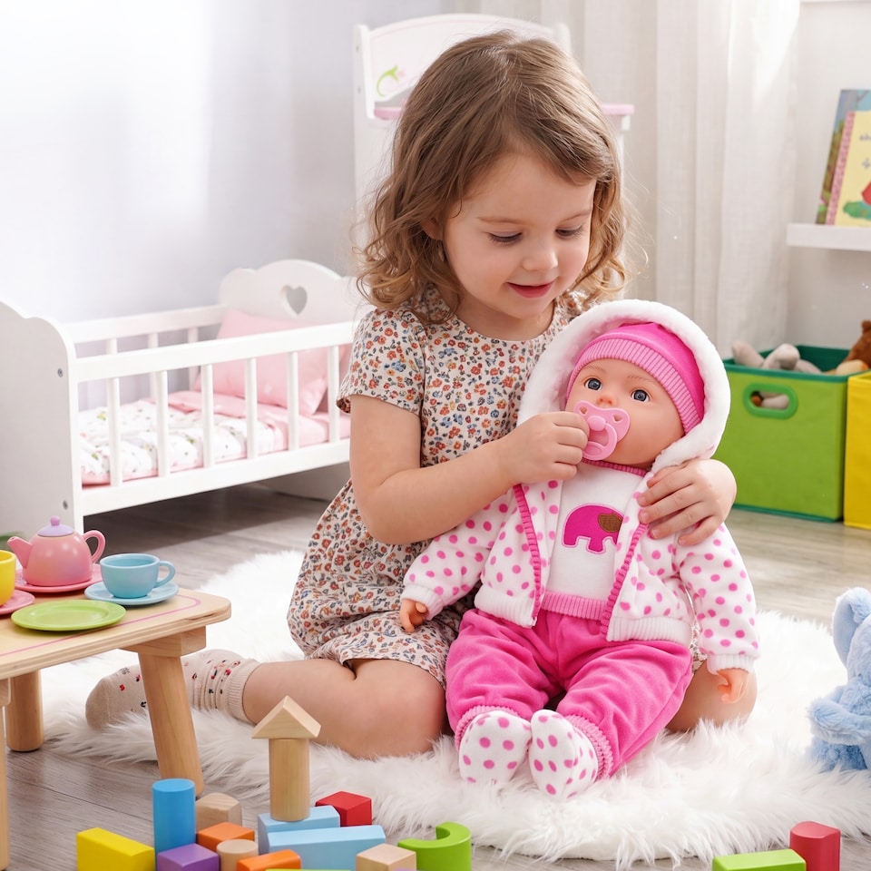 image 1 of BiBi Doll 20" Dots Baby Doll Girl with Spotty Coat Outfit, Sounds & Dummy Toy