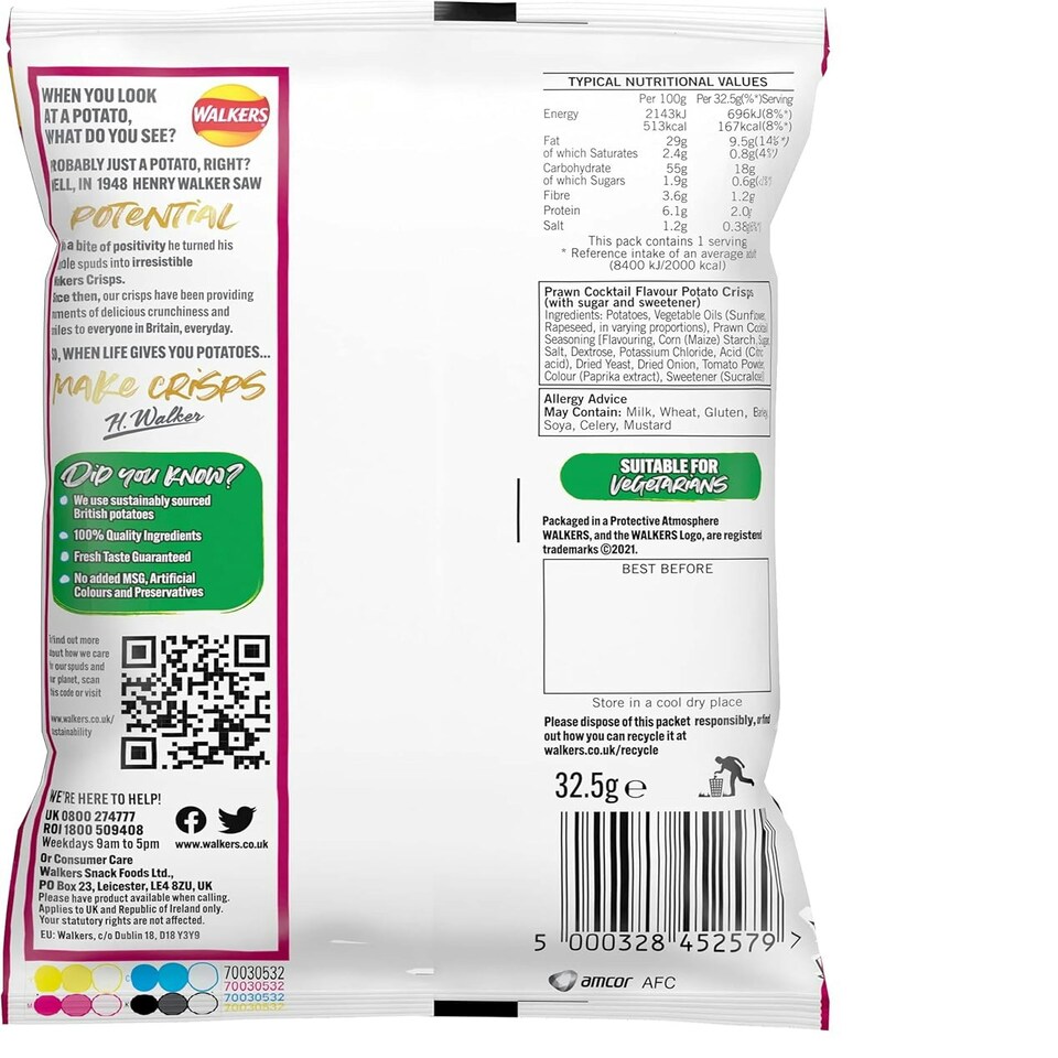 image 1 of Walkers Prawn Cocktail Crisps 32.5g (Case of 32 bags)