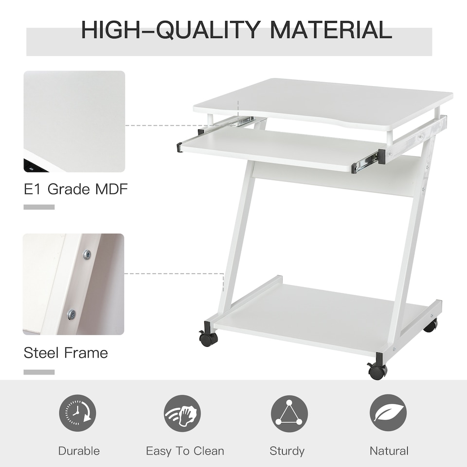 image 1 of HOMCOM Movable Computer Desk with 4 Moving Wheels White
