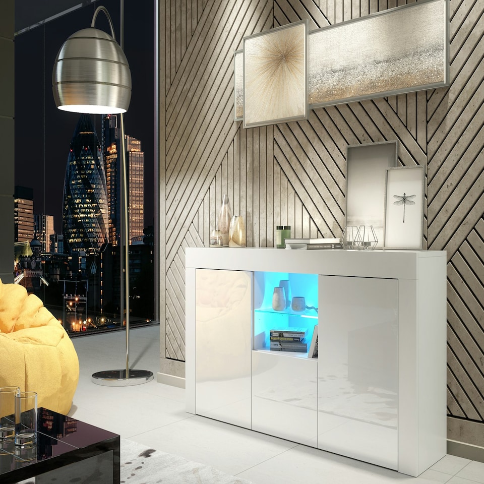 image 1 of White TV Unit 145cm Gloss Doors Free LED Modern Media Cabinet White