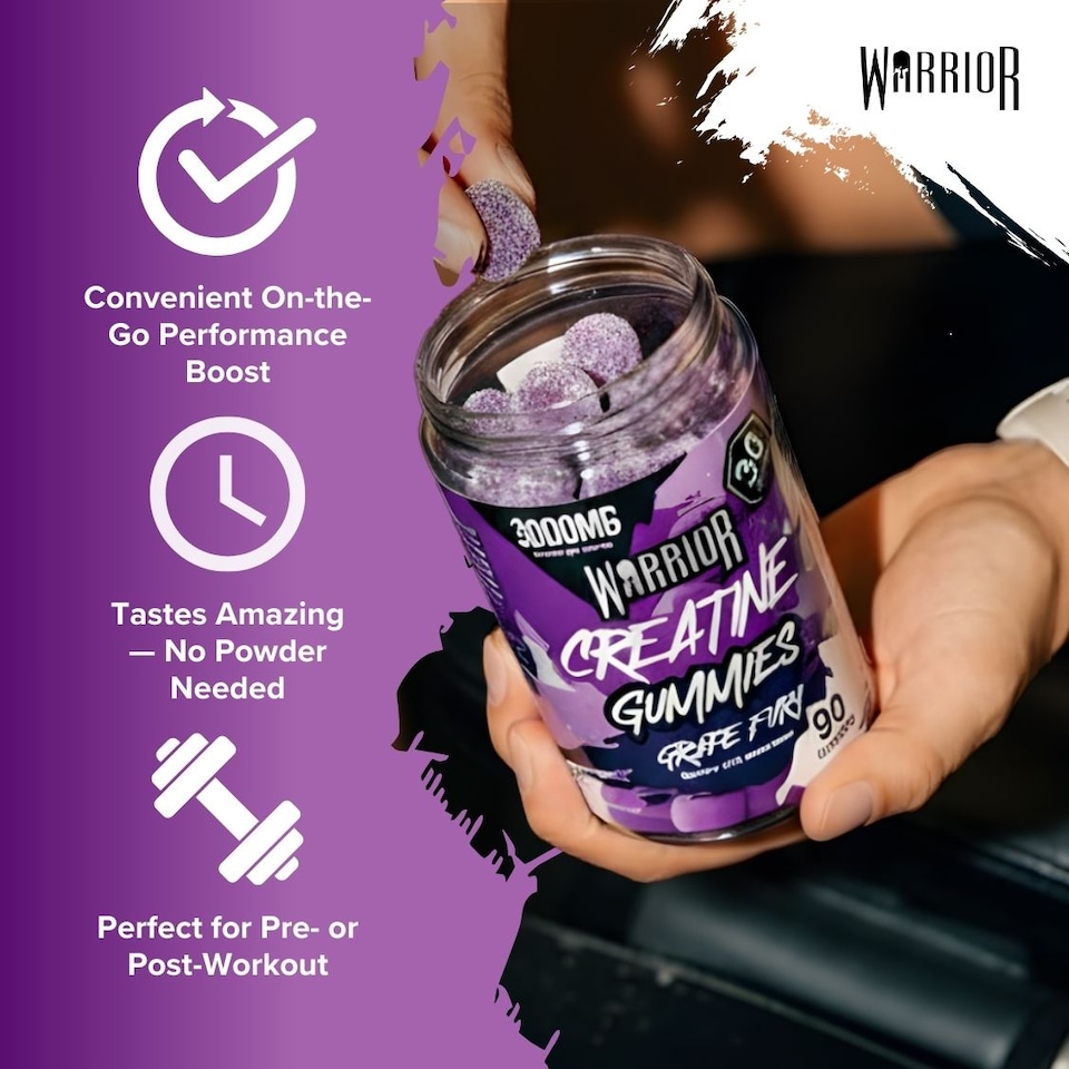 image 1 of Warrior Creatine Monohydrate Gummies – 3000mg Creatine per Serving, Chewable & No-Mix – Blue Razz, 90 Gummies (30 Servings)