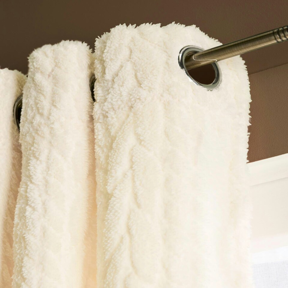 image 1 of OHS Cable Knit Fleece Thermal Insulated Ring Top Panel Pair Eyelet Curtains, 66x90" | Cream