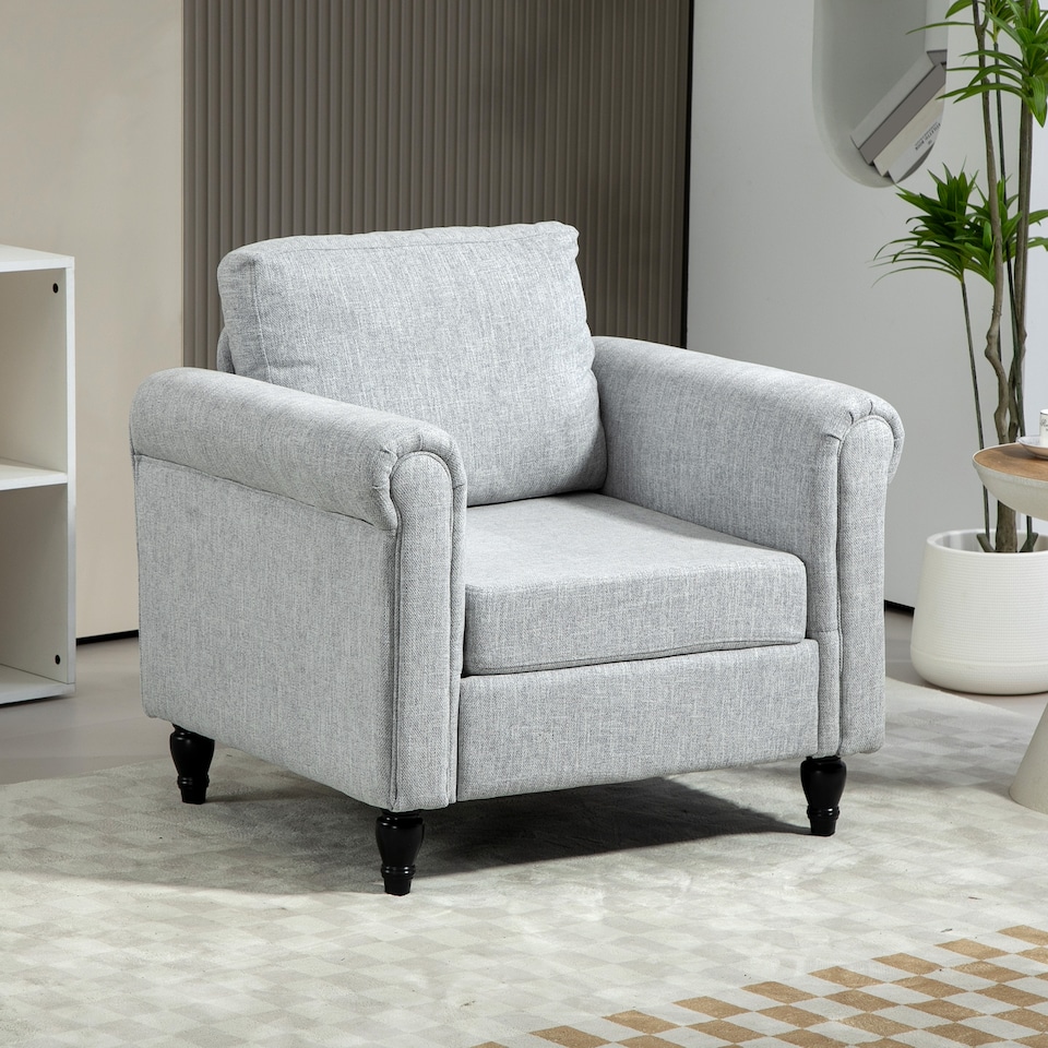 image 1 of HOMCOM Armchair, Upholstered Accent Chair, Occasional Fireside Chair with Back Pillow and Rubber Wood Legs, Single Sofa for Living Room, Reading Room, Light Grey