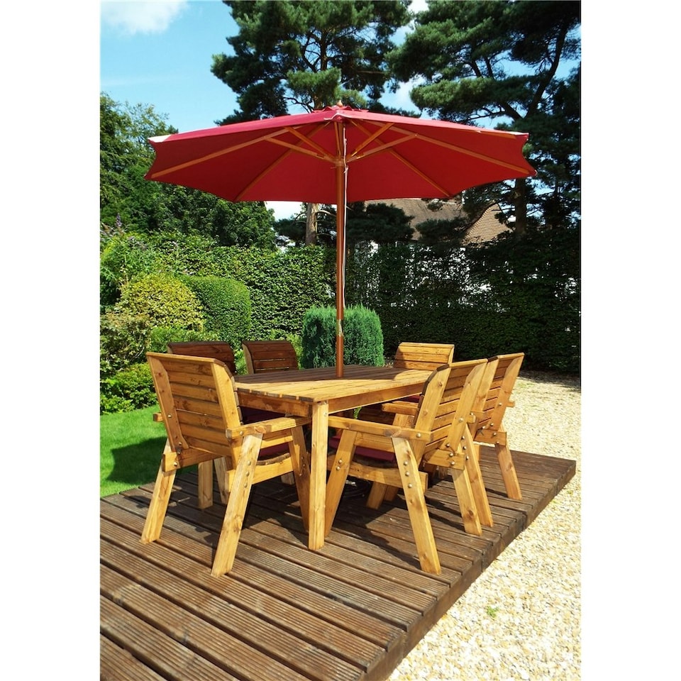 image 1 of Traditional Six Seater Rectangular Table Set With 6 x Burgundy Chair Cushion 1 x Burgundy Parasol & Base & Cushion Storage Bag