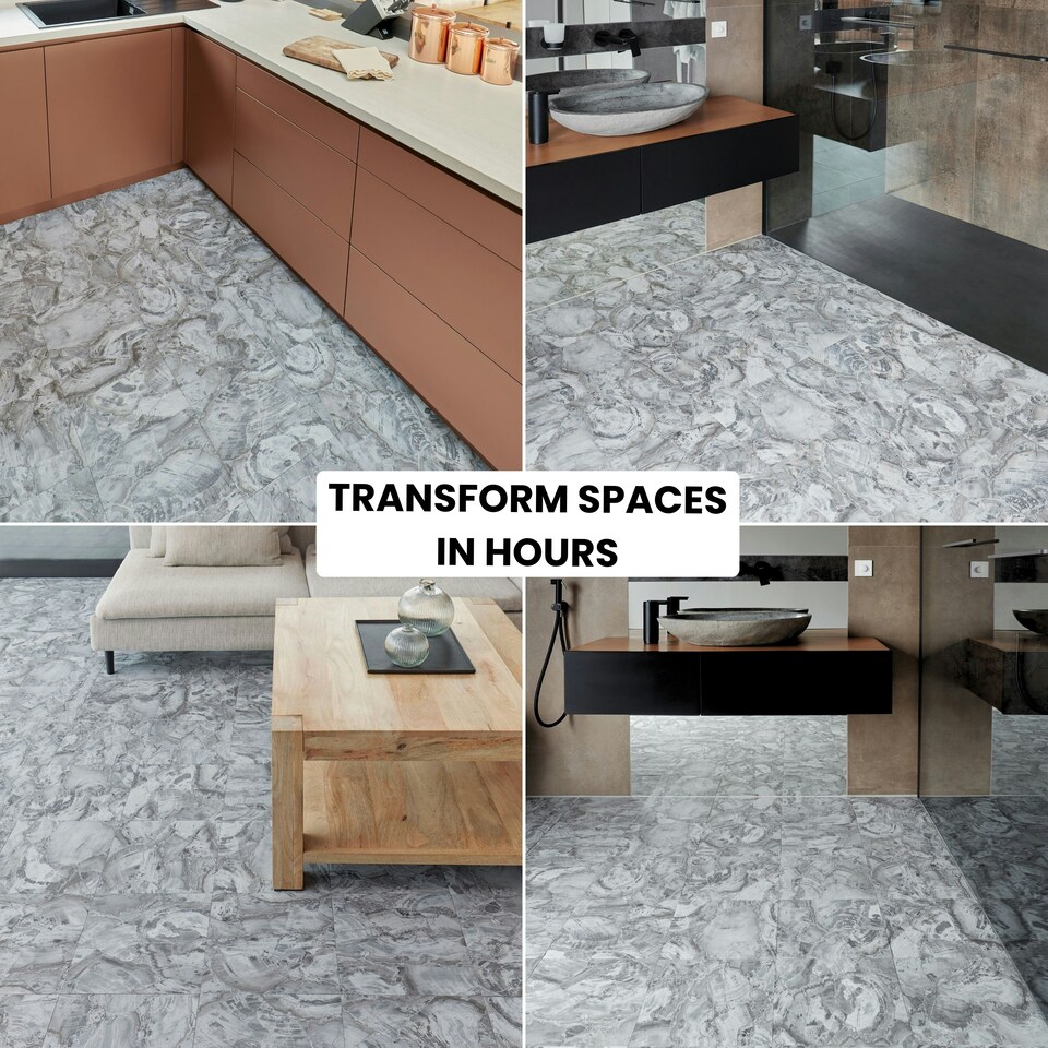 image 1 of NOVECRAFTO Vinyl Floor Tiles Self Adhesive – 12x12in Peel and Stick Flooring for Kitchen, Bathroom & Living Room – Charcoal Marble Flow Design | Grey | 4.65 sqm