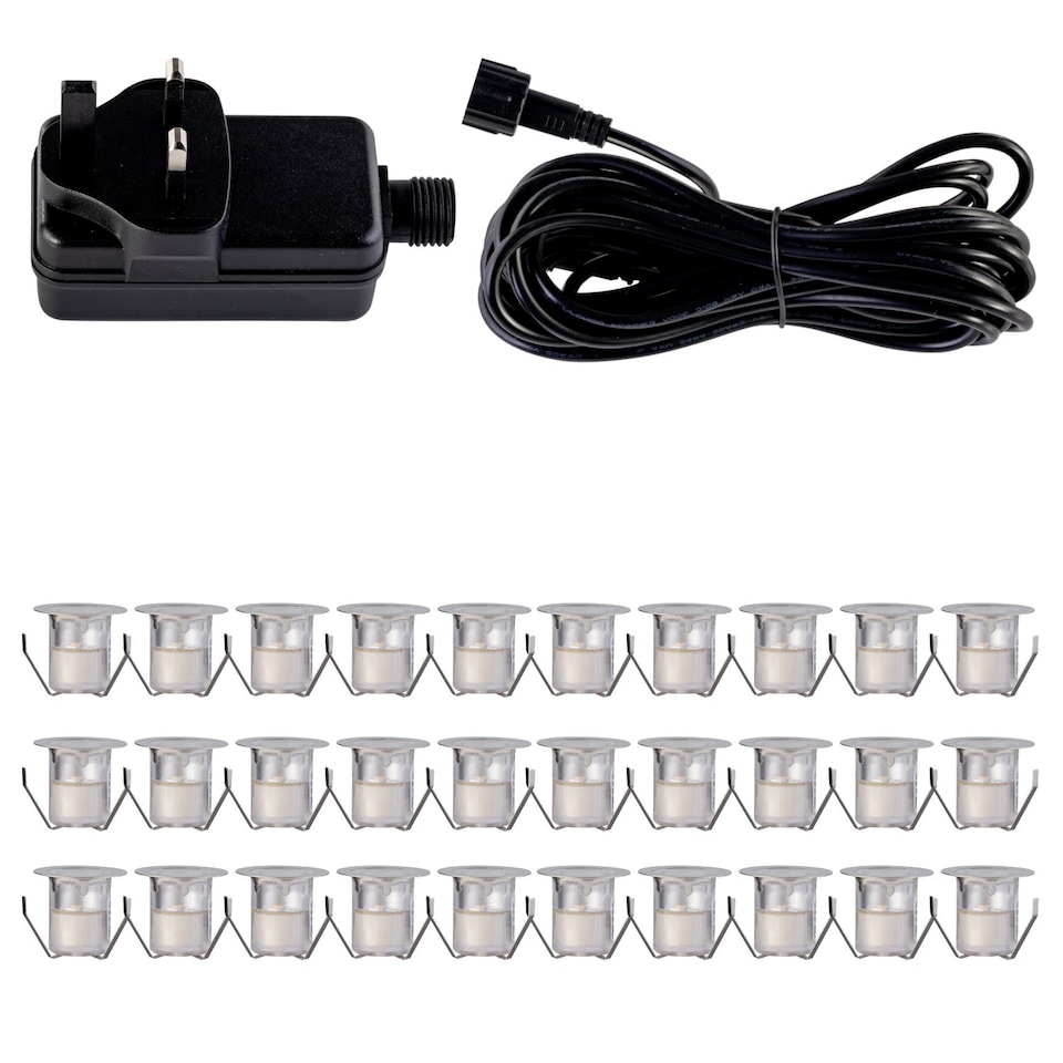 image 1 of Set of 30 - 30mm Stainless Steel IP67 Warm White LED Decking Kit | Chrome | Clear | 30