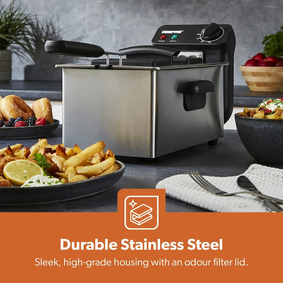 image 1 of GEEPAS Deep Fat Fryer 3L | Food Grade Stainless Steel with Viewing Window, Silver