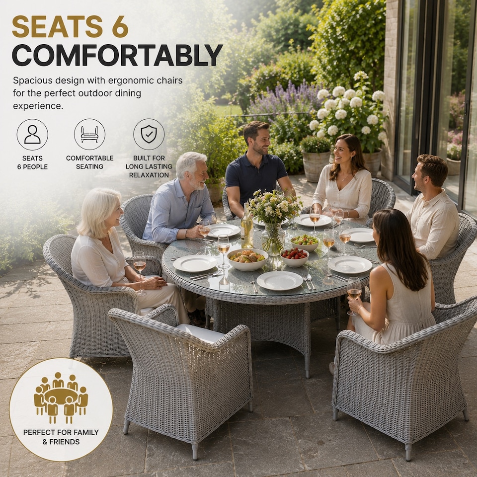 image 1 of Sorrento 6-Seater Rattan Dining Set, Round Garden Table with Chairs, Outdoor Patio Furniture Set