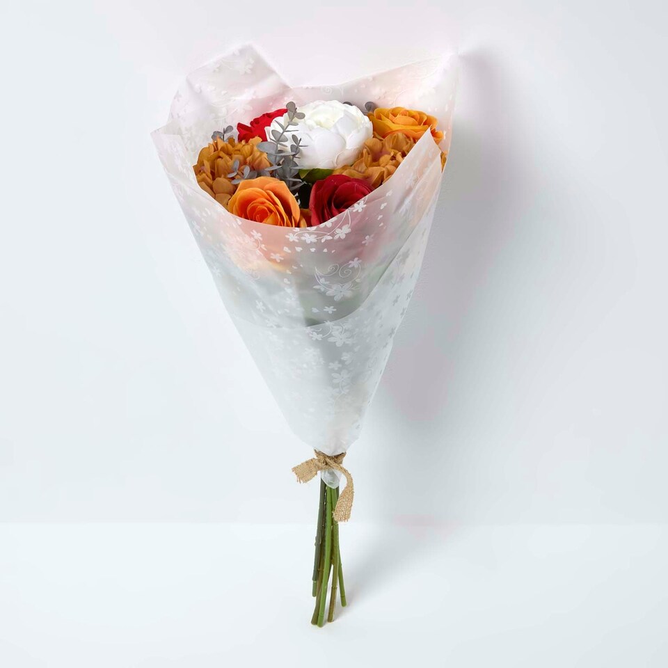 image 1 of Homescapes Artificial Orange Roses and Peonies Bouquet, 67 cm