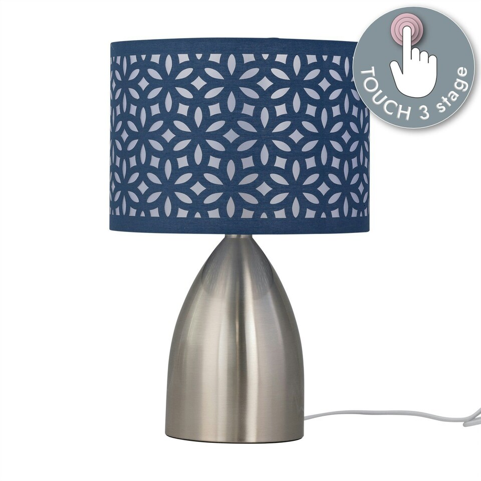 image 1 of First Choice Lighting Valentina Brushed Chrome Touch Lamp with Navy Blue Cut Out Shade Silver | Blue