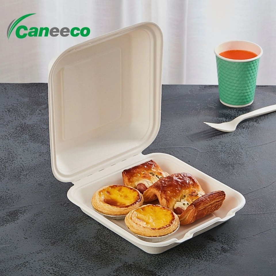 image 1 of Bagasse Sugarcane Takeaway Boxes 8x8 Clamshell Containers, PFAS Free, TUV Home Compostable Certified Food Boxes for Hot & Cold Meals, Restaurants, Parties & Catering
