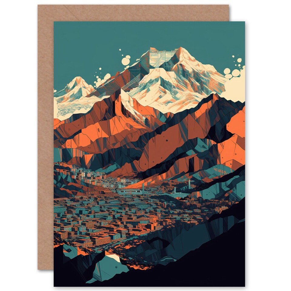image 1 of Modern City Surrounded by Tall Mountains Landscape Travel Art Card