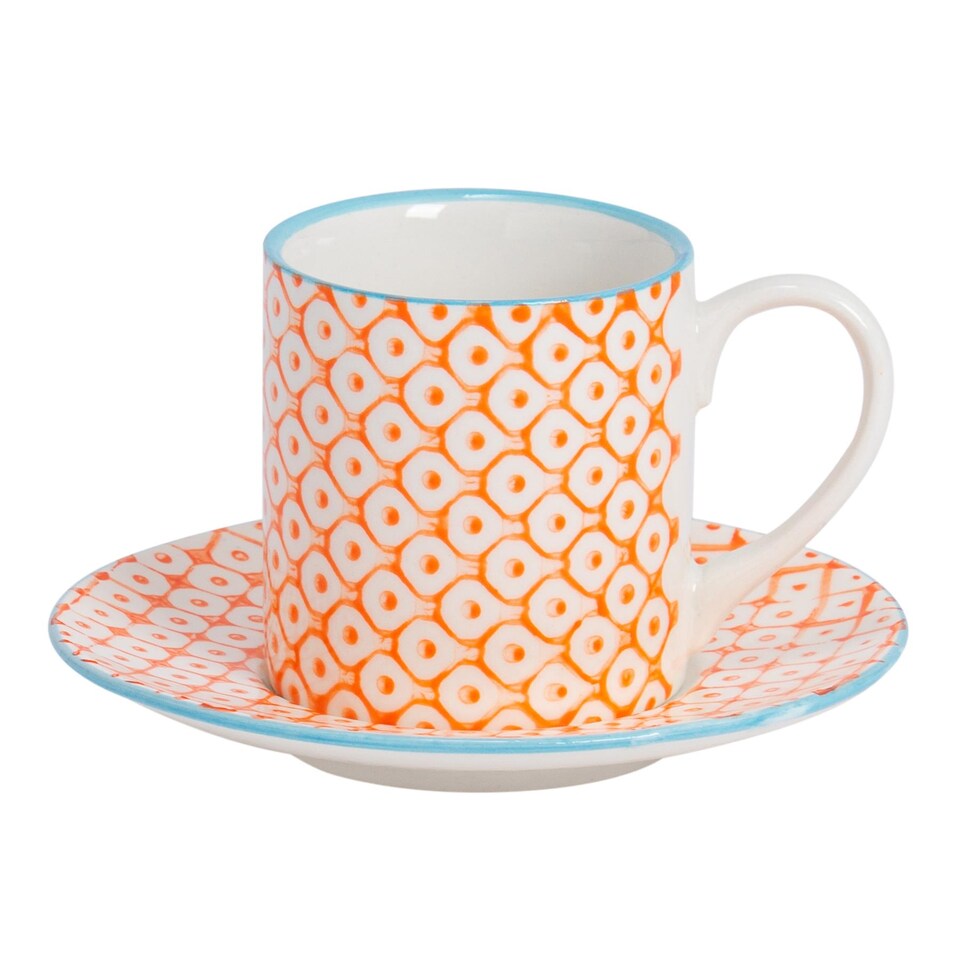 image 1 of Nicola Spring 12 Piece Hand-Printed Espresso Cup & Saucer Set - 65ml - Orange | Orange | Orange | 12