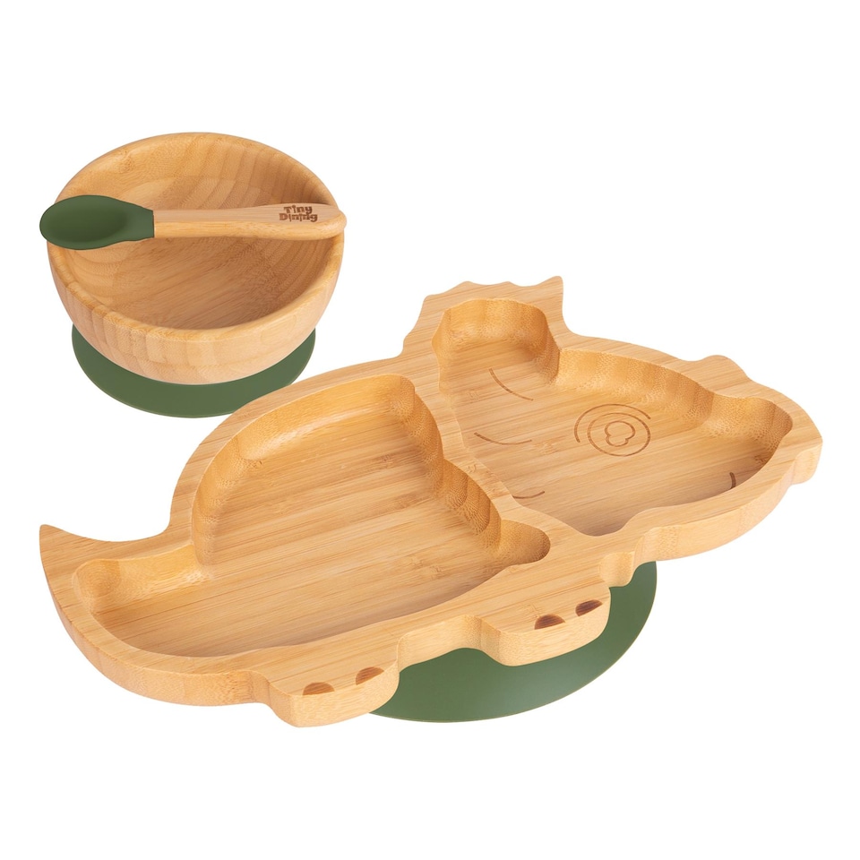image 1 of Tiny Dining 3pc Dinosaur Bamboo Suction Dinner Set - Olive Green