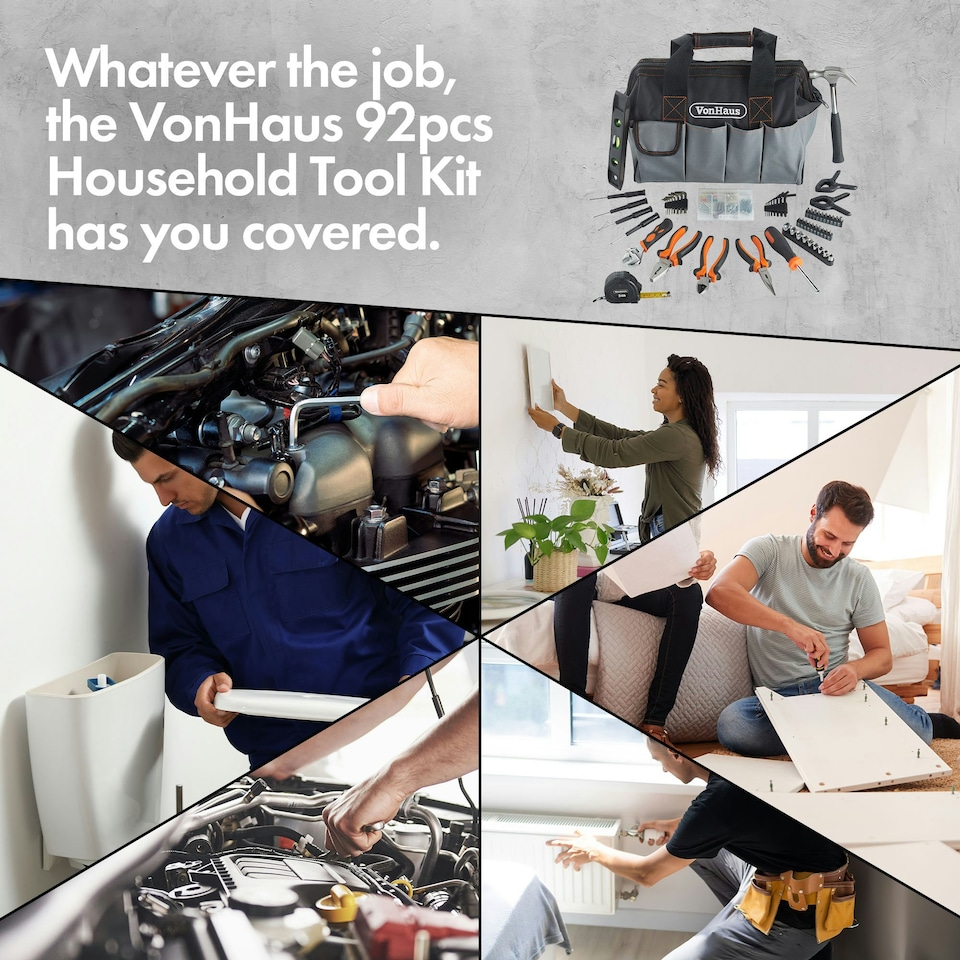 image 1 of VonHaus 92Pc Hand Tool Kit for Home DIY with Heavy Duty Bag