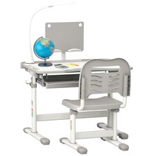HOMCOM Kids Desk and Chair Set, Height Adjustable Study Desk with USB Lamp | Grey