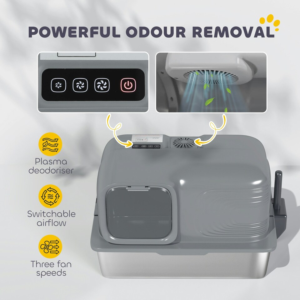 image 1 of PawHut 65L XL Stainless Steel Litter Tray with Plasma Deodoriser System Grey | One Size