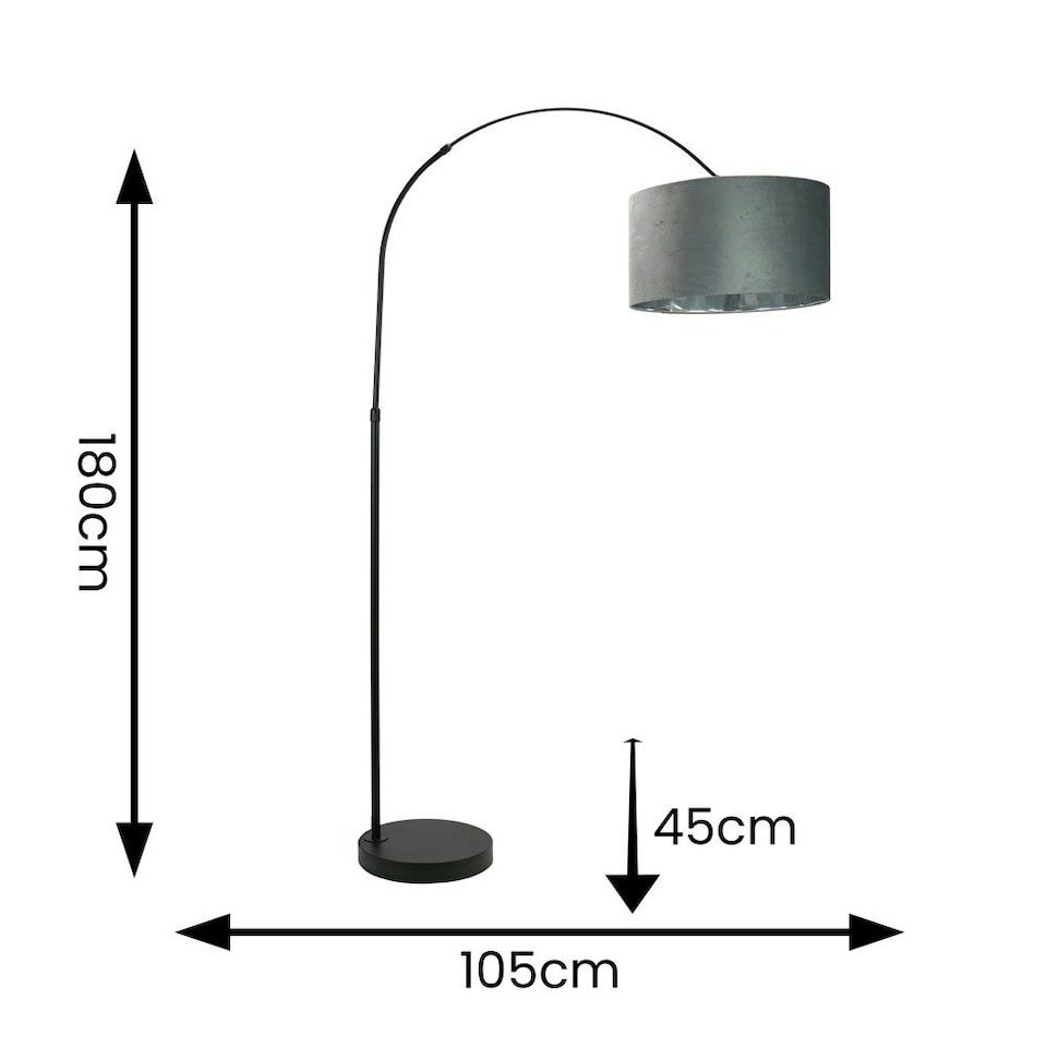 image 1 of ValueLights Louis Black Arched Floor Lamp with Grey Velvet and Metallic Chrome Inner Shade