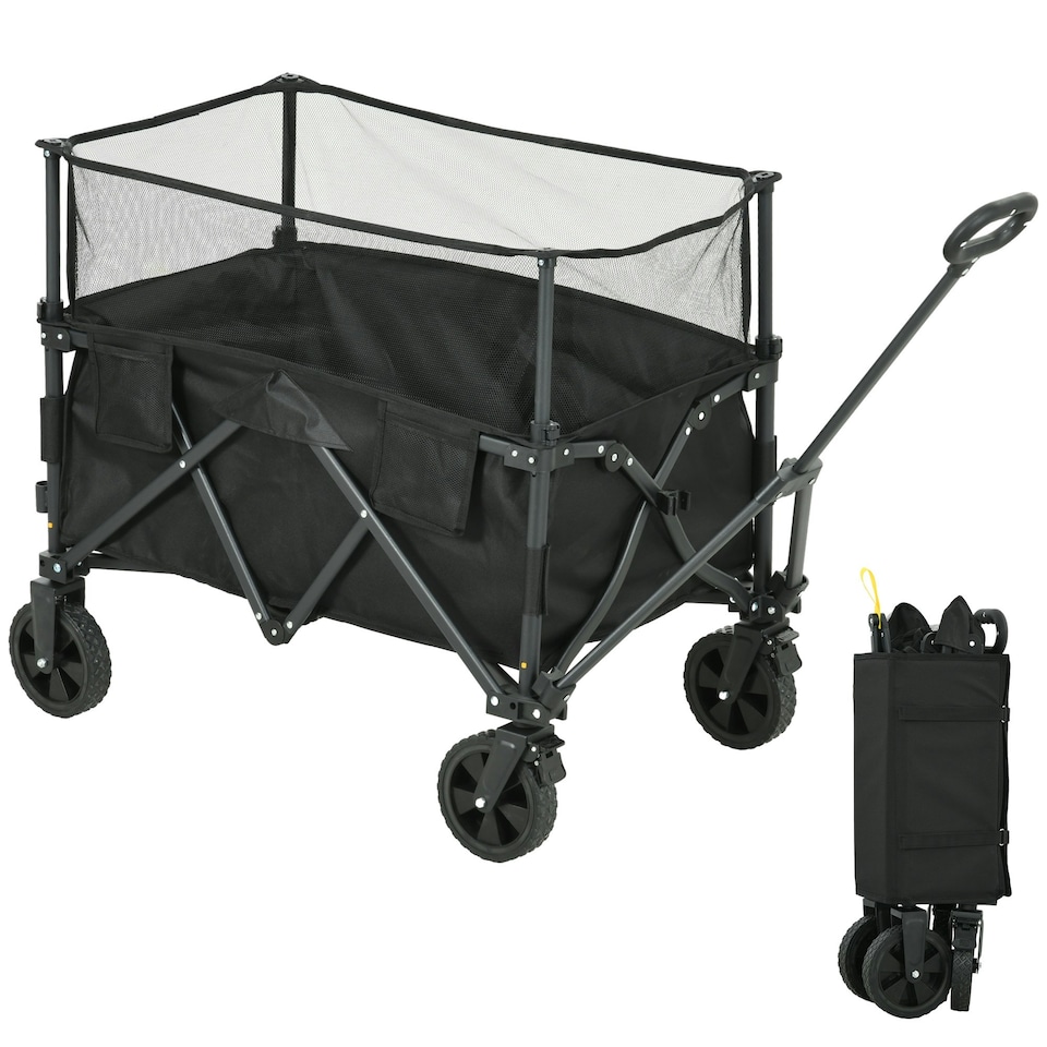 image 1 of Outsunny 180L Folding Garden Trolley Wagon Cart w/ Extendable Side Walls, Black
