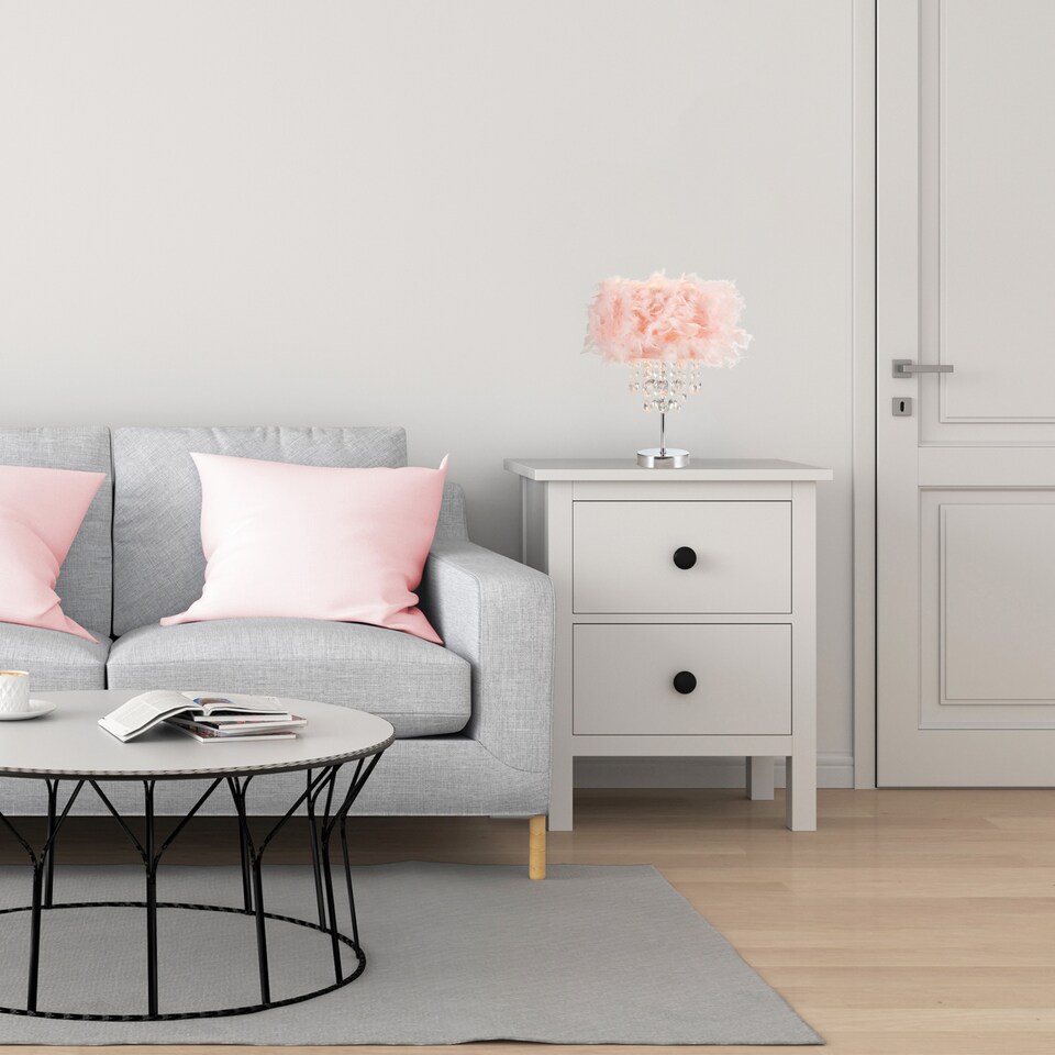 image 1 of Modern Chandelier Style Pink Feather Table Lamp with Waterfall Acrylic Droplets | Pink