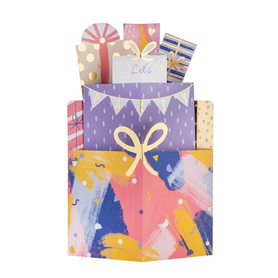image 1 of 3D Pop-Up Pink Stack of Presents Design Birthday Card