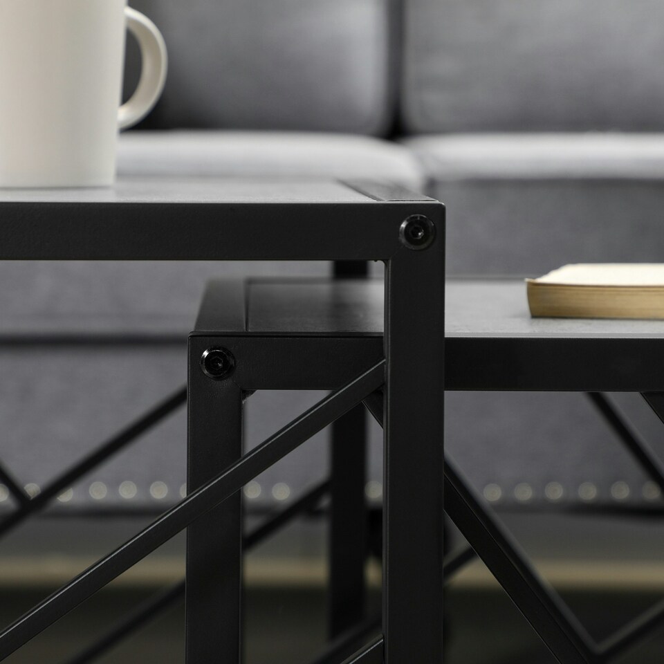 image 1 of HOMCOM Set of 3 Nesting Coffee Tables Square End Tables w/ Metal Frame, Grey Grey