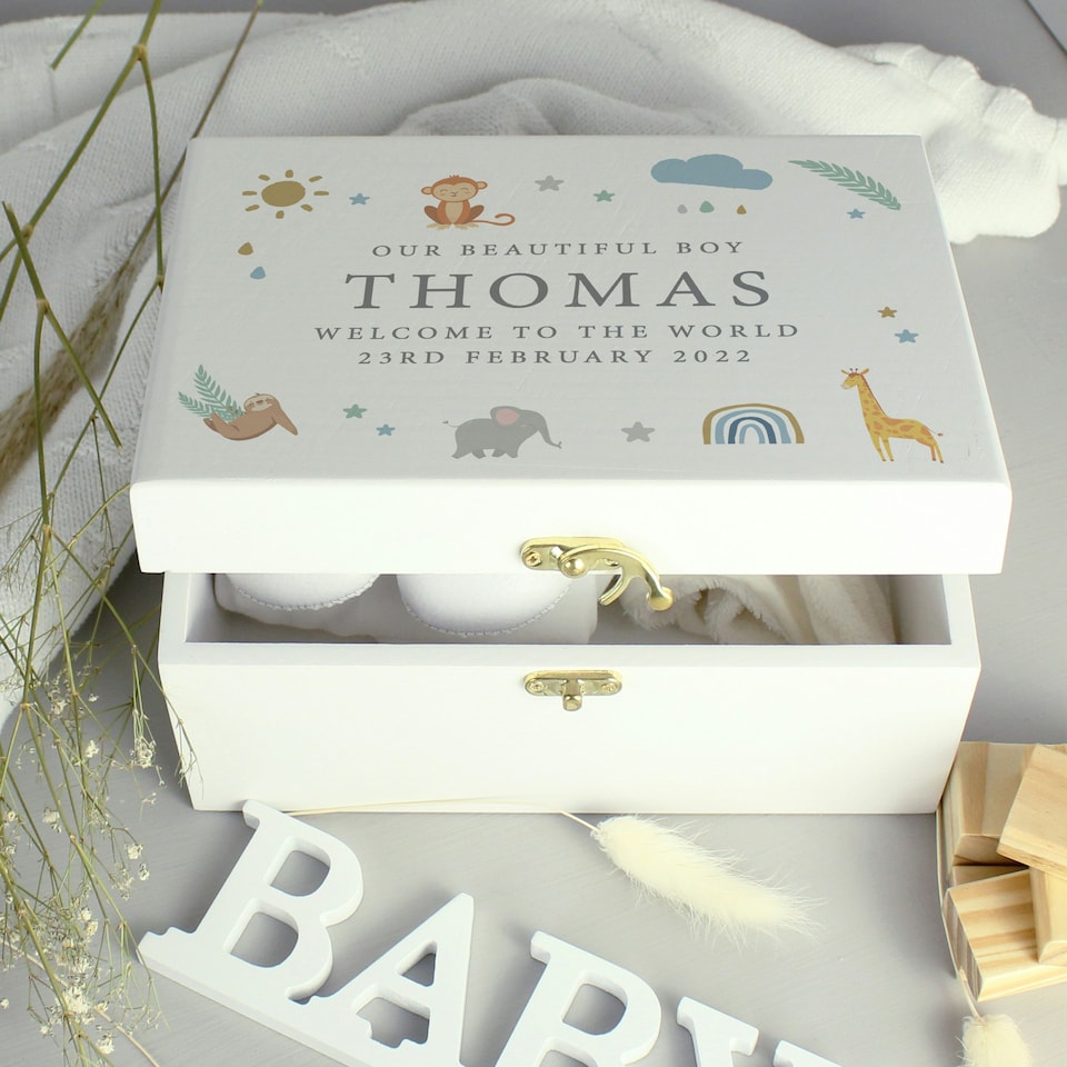 image 1 of Personalised Safari Animals Small Wooden Keepsake Box White