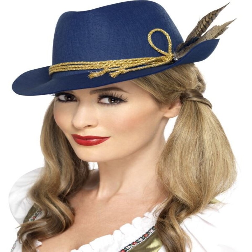 Authentic Bavarian Festival Hat - Blue - with Feather - 45400 One Size