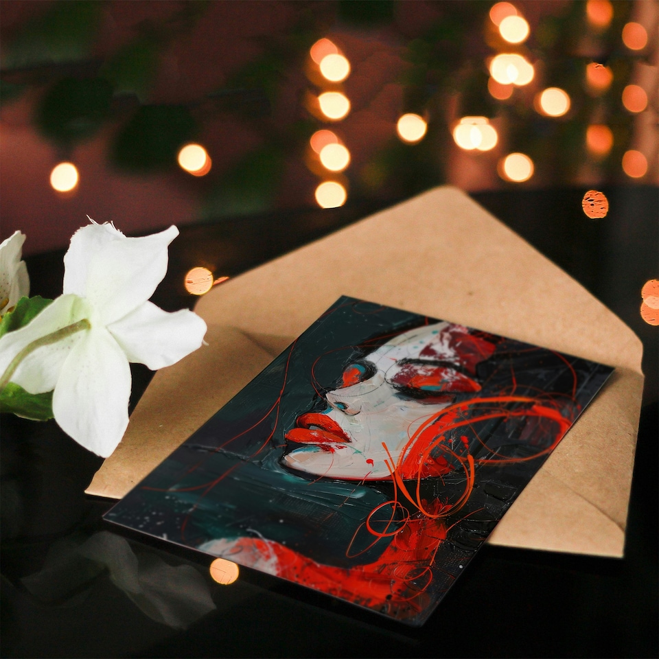 image 1 of Red Passion Woman Abstract Portrait Oil Painting Birthday Card