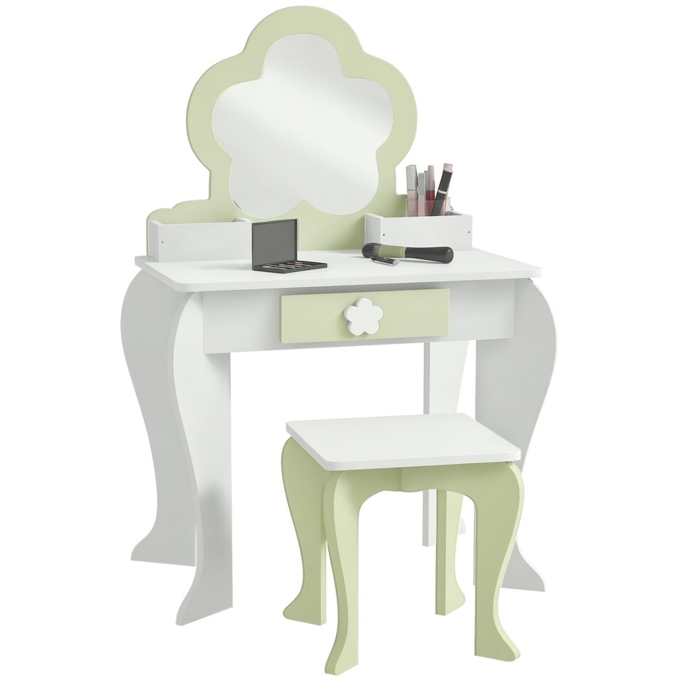 image 1 of ZONEKIZ Kids Vanity Table Set, Beauty Flower Design, for Ages 3-6 Years - White | White | 1 table, 1 stool