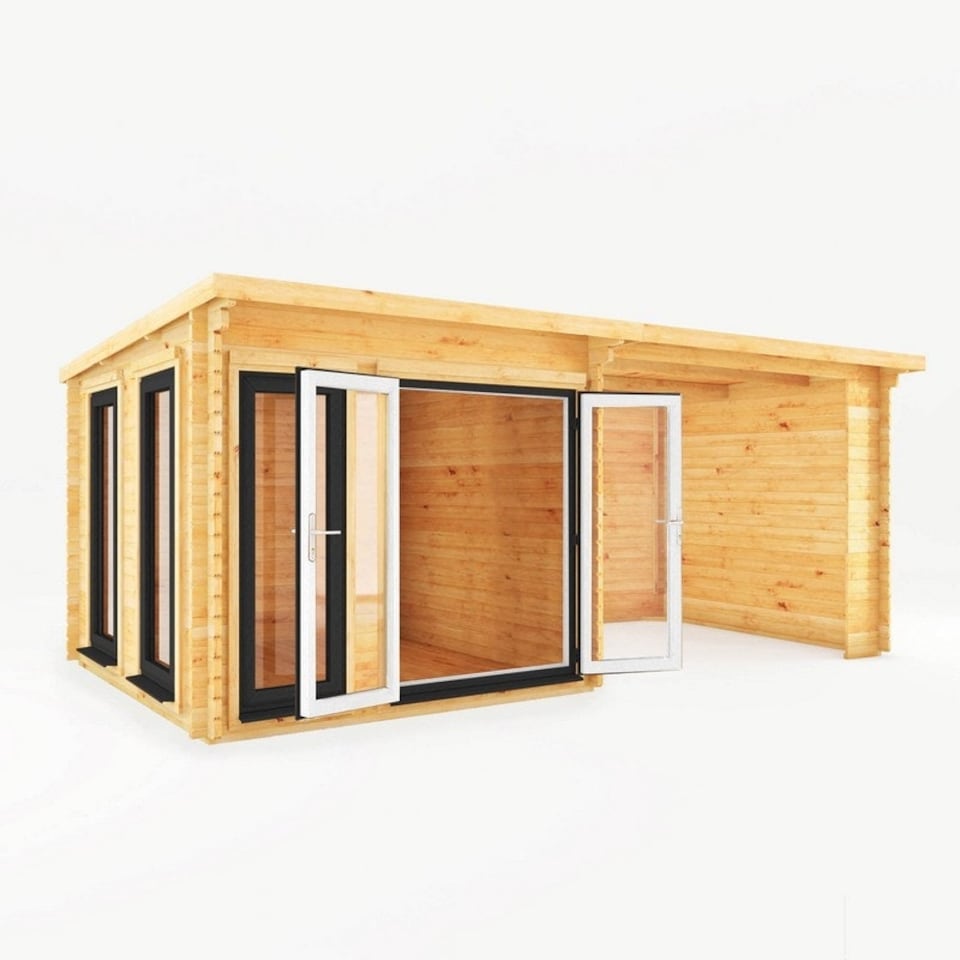 image 1 of 6 x 3 m Studio Pent Log Cabin with Patio Area with UPVC Windows and Doors - 44 mm - Timber - L333.5 x W591.1 x H249.4 cm - Brown Brown
