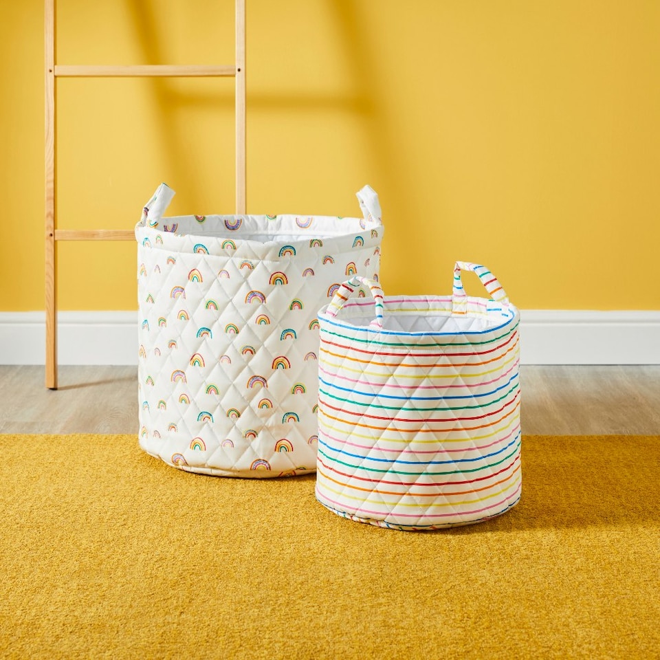 image 1 of Quilted Storage Baskets – Pack of 2 Stylish Cotton Baskets for Toys, Nursery, Bedroom & Living Room Organisation (Rainbow Dreams)