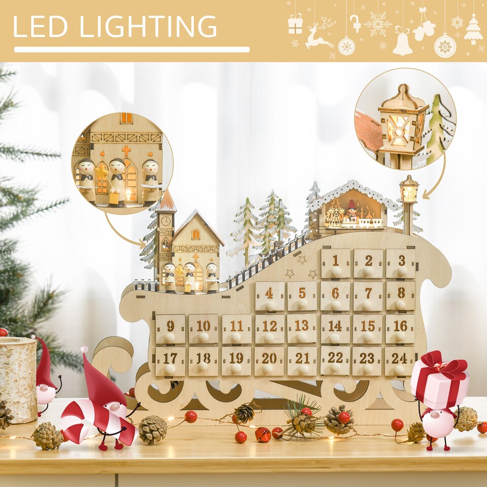 image 1 of HOMCOM Christmas Advent Calendar Light Up Sleigh w/ Countdown Drawer, Village