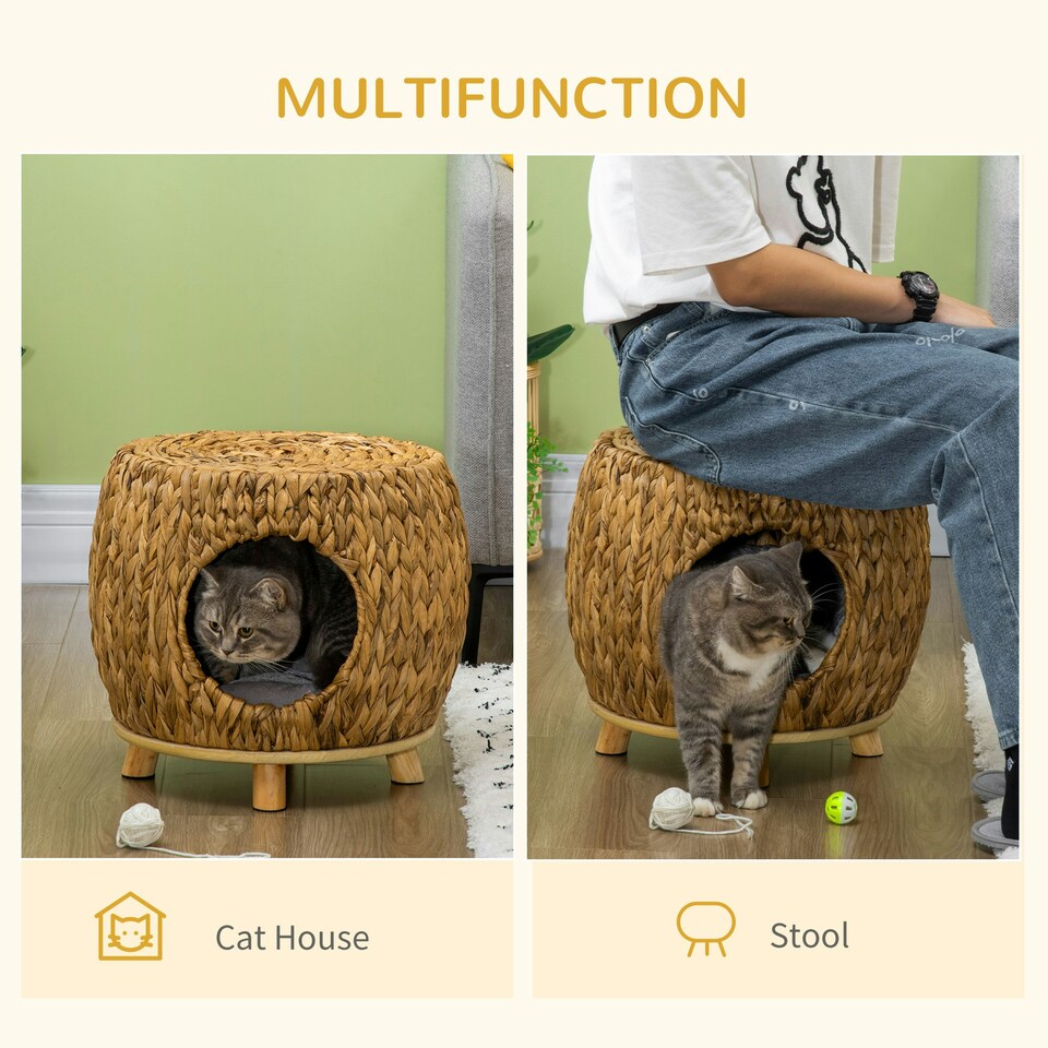 image 1 of PawHut Rattan Cat House Stool for Rest w/ Soft Cushion 44 x 43 x 41cm
