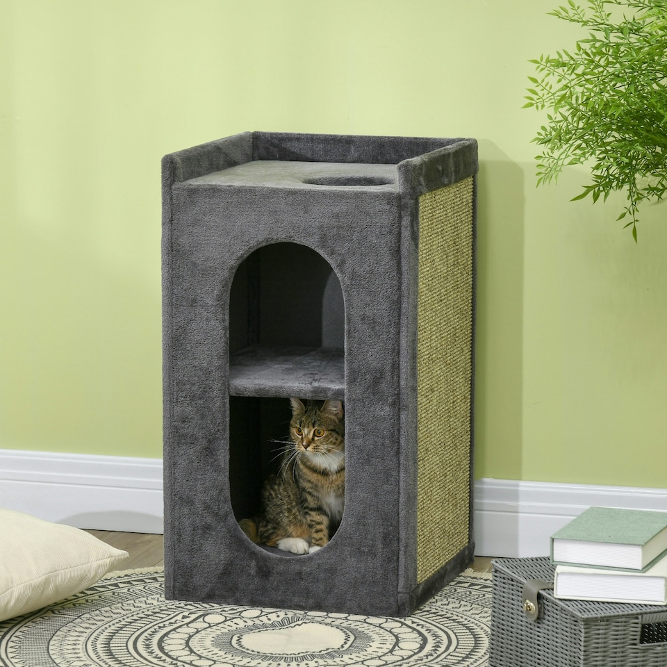 image 1 of PawHut 2-Tier Cat House with Scratching Pad Plush, 81cmH, Grey