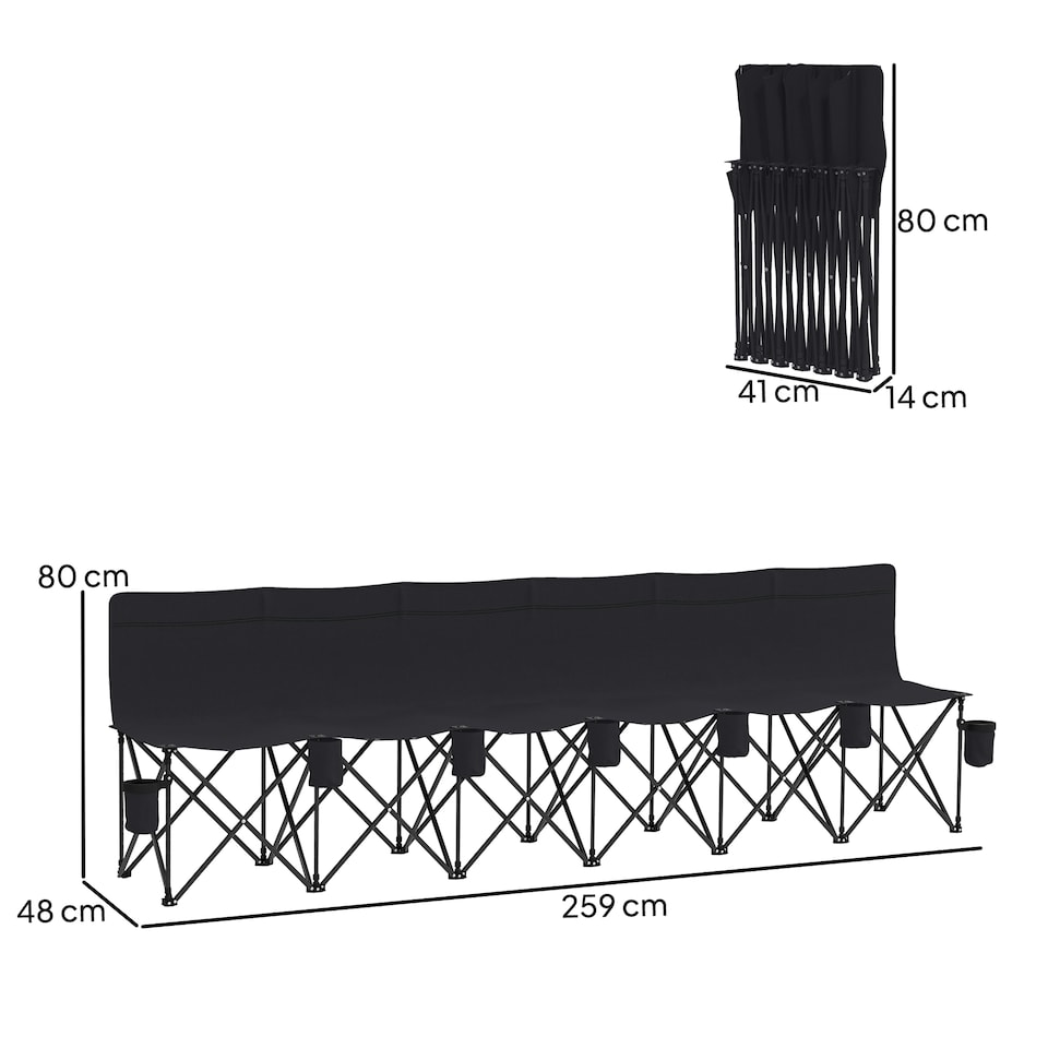 image 1 of Outsunny 6 Seater Folding Bench, Outdoor Camping Chair Portable Sports Spectator Chair with Metal Frame, Cup Holder & Carry Bag, Black