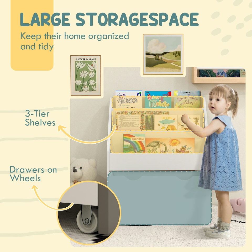 image 1 of AIYAPLAY Kids Bookcase w/ 3 Tier Shelves, Drawer, for Bedroom, Nursery, White White