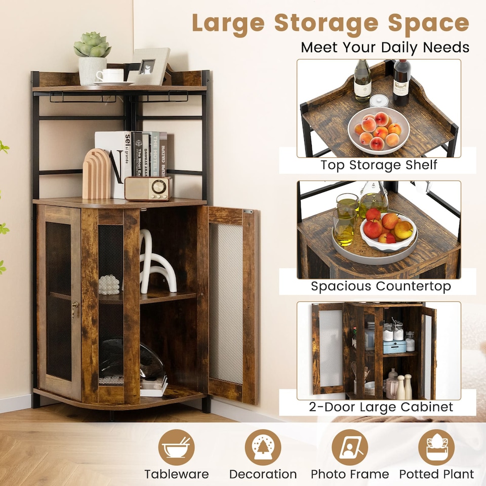 image 1 of COSTWAY Industrial Corner Buffet Bar Cabinet with Glass Holders