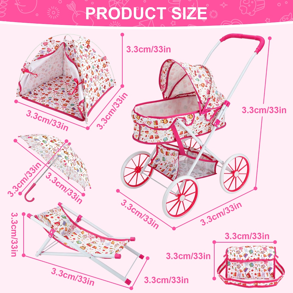 image 1 of Kids Baby Doll Stroller & Accessories Set – Tent, Beach Chair, Umbrella & Bag, Role‑Play Toy for Girls & Boys Ages 3+