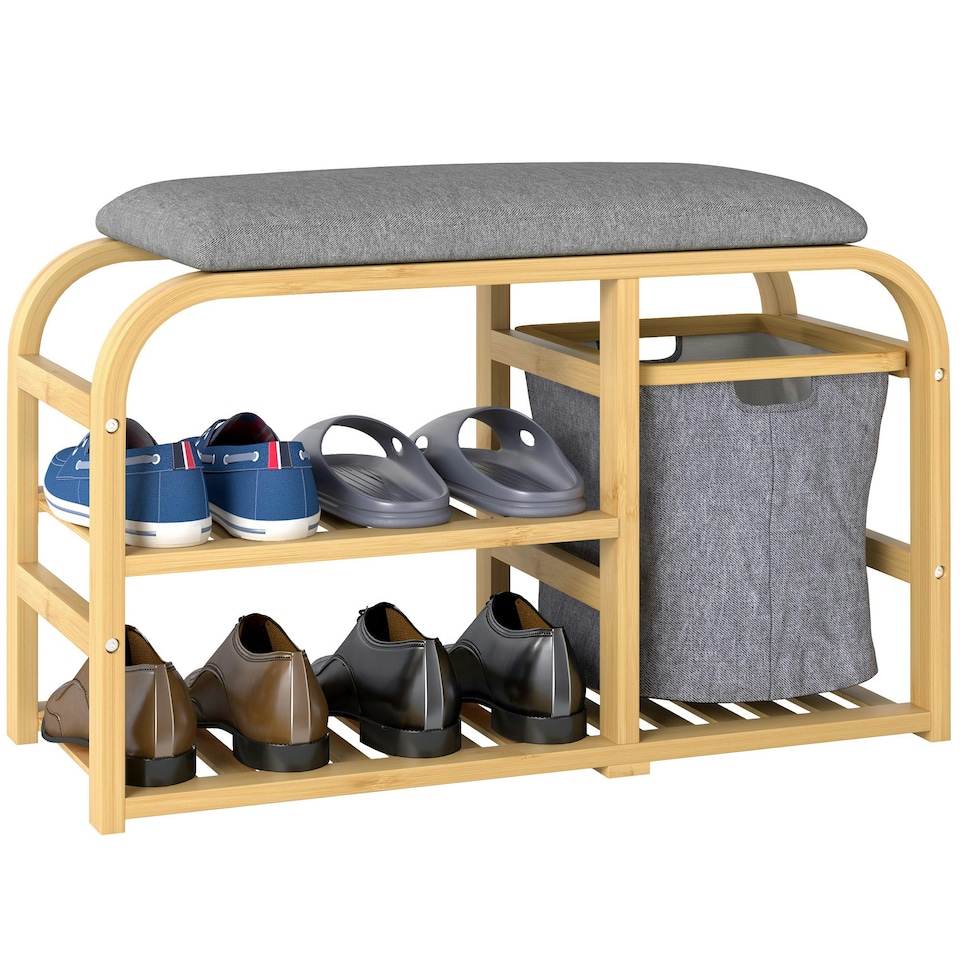 image 1 of HOMCOM Shoe Rack Bench with Seat for Hallway, Entryway, Nature Wood Finish Yellow